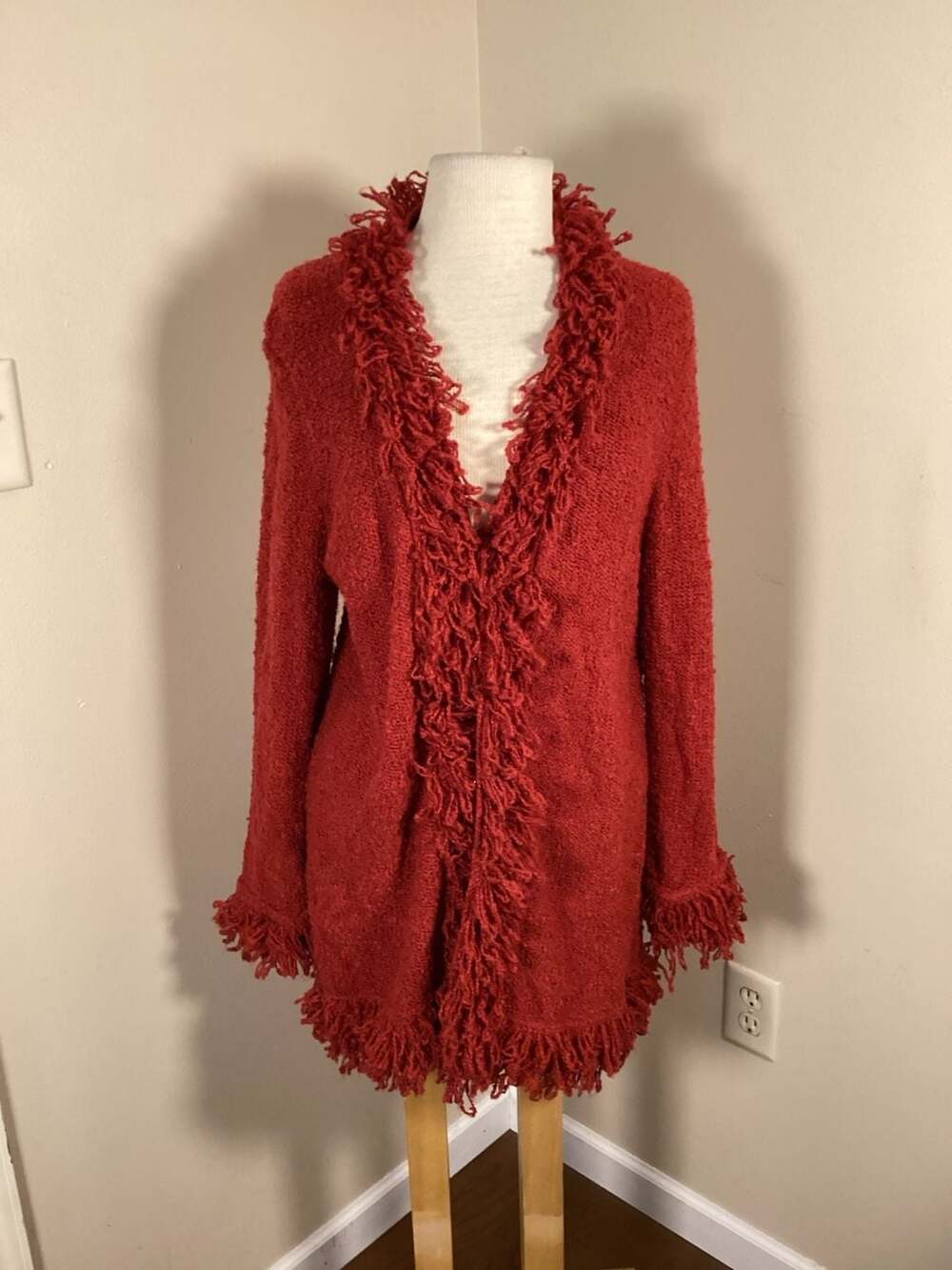Chico's Red Shaggy Fringe Trim Ramie Wool Blend Knit Cardigan Sweater Size 2